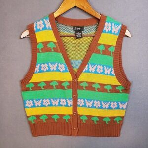 Justify Junior M Crop Sweater Vest Brown Mushroom Butterfly Cottagecore Hippie